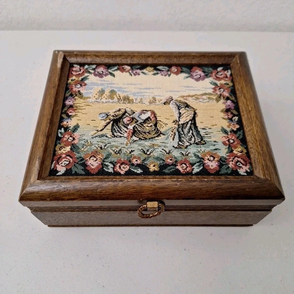 Vintage Tapestry Jewelry Box Art Floral Women Working Field Country Farmhouse
